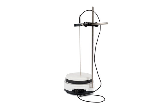 A countertop electric hot plate with a metal stand and probe, shown on a plain white background.