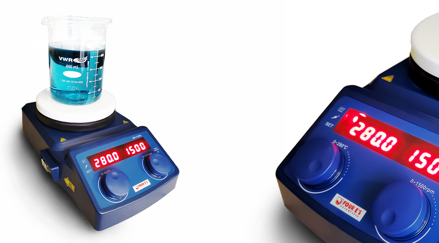 Blue LED Digital Magnetic Hotplate Stirrer with Glassware and Close-up Shot